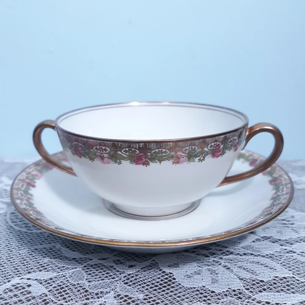 Elite Works Limoges 2 Handle Broth Soup Bullion Teacup Cup & Saucer Bowl Roses
